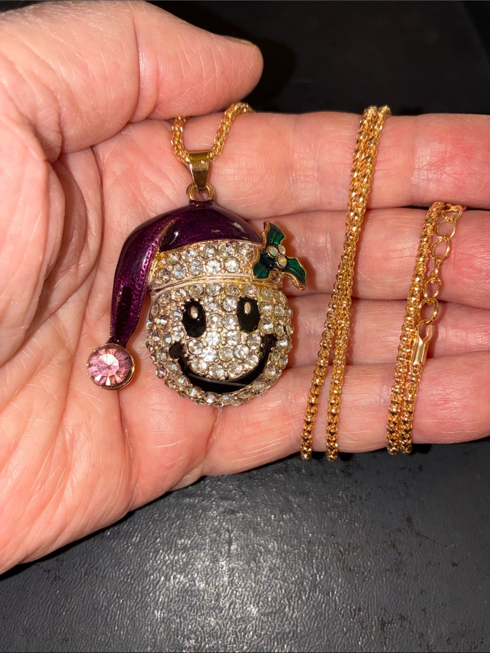 Festive Purple Crystal Smiley Face Pendant Necklace